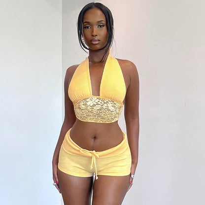 Lace Stitching Halter Top Two-piece Set