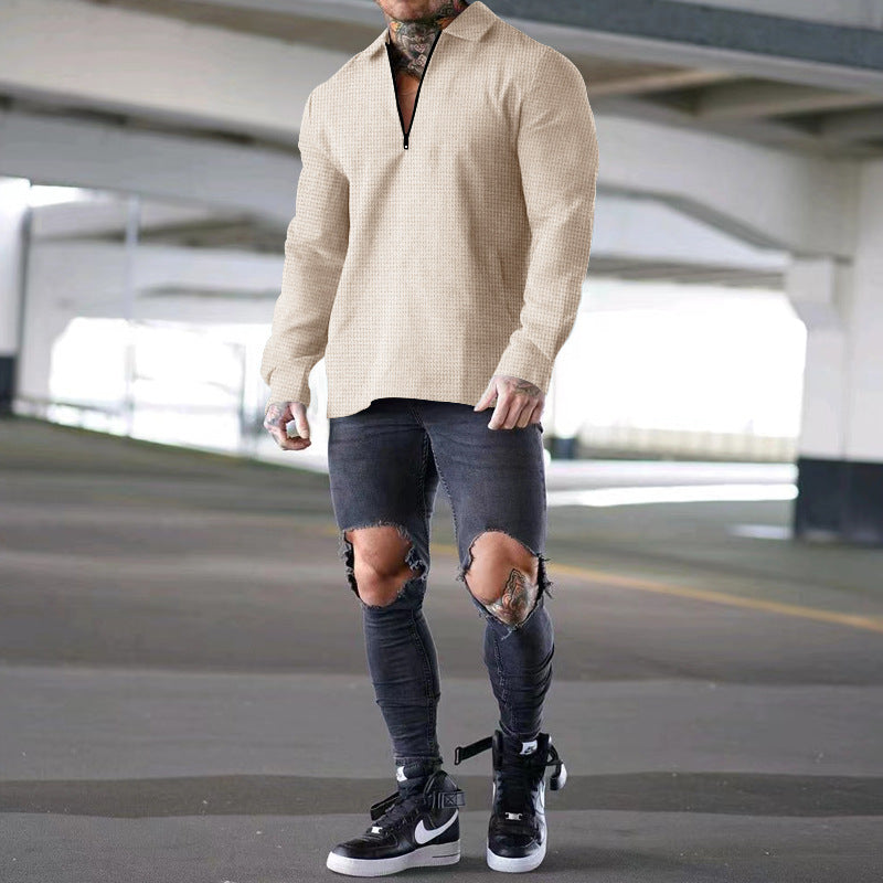 Casual Zipper Waffle Lapel Polo Shirt