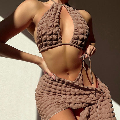 Lace-up Seersucker Three-piece Bikini