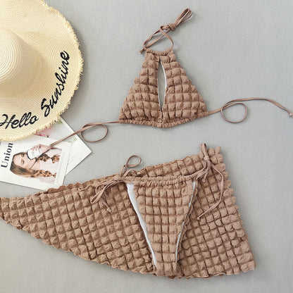 Lace-up Seersucker Three-piece Bikini