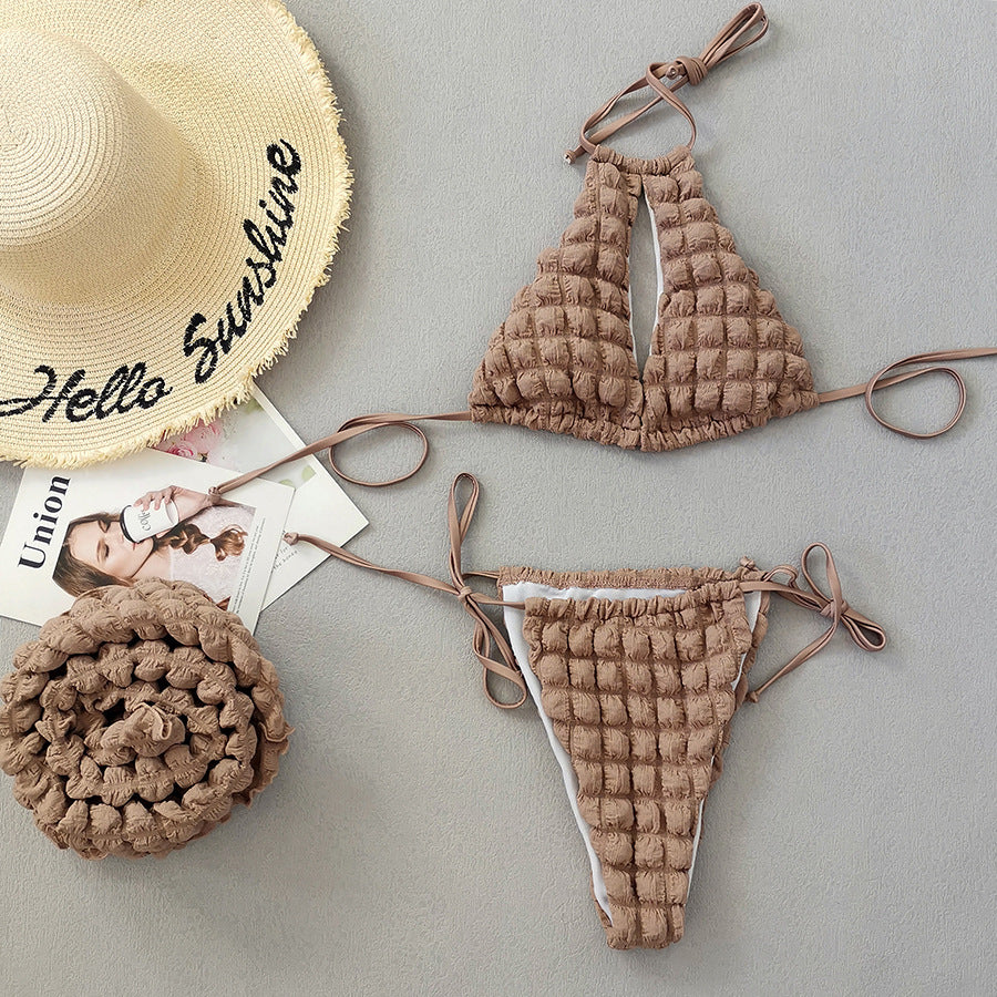 Lace-up Seersucker Three-piece Bikini